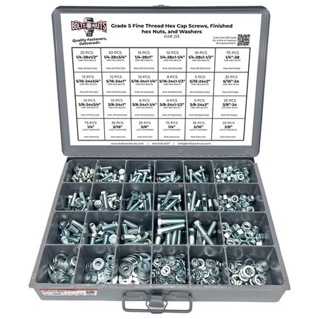 Boltsandnuts.Com Inch Grade 5 FINE Hex Cap Screws, Hex Nuts, Flat & Lock Washers - 574PCS Assortment Kit #213